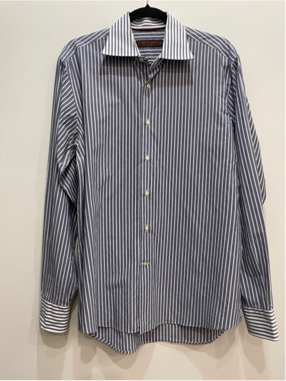 Etro Mens Button Up Dress Shirt Blue White Stripe Size 41 Large Made in Italy